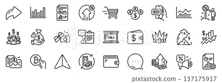 Discount, Inflation and Crown line icons pack. Share, Message, Paper plane icons. Column chart, Salary employees, Discounts offer web icon. Vector Discount, Inflation and Crown line icons pack. Share, Message, Paper plane icons. Column chart, Salary employees, Discounts offer web icon. Vector 137175917