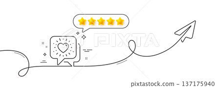 Friends chat line icon. Continuous line with share plane. Friendship love sign. Assistance business symbol. Five star rate review in speech bubble. Friends chat single line ribbon. Vector 137175940