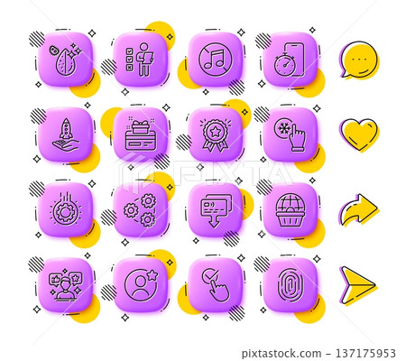 No music, Gears and Best friend line icons. App 3d buttons. Social media comment, share, like icons. Pack of Loyalty award, Online shopping, Social media icon. Vector No music, Gears and Best friend line icons. App 3d buttons. Social media comment, share, like icons. Pack of Loyalty award, Online shopping, Social media icon. Vector 137175953