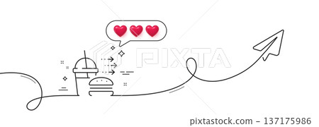 Food delivery line icon. Continuous line with share plane. Cheeseburger with Soft drink sign. Catering service symbol. Hearts rate review in speech bubble. Food delivery single line ribbon. Vector 137175986