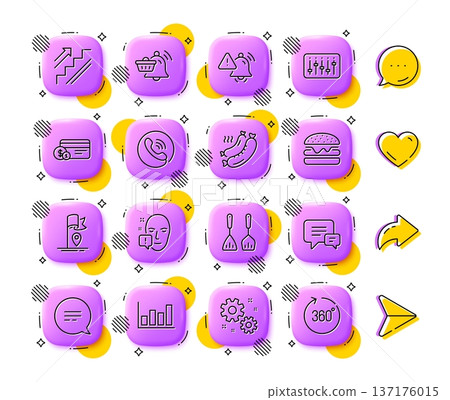 Payment method, Flag and Attention bell line icons. App 3d buttons. Social media comment, share, like icons. Pack of Report diagram, Grilled sausage, Comment icon. Vector Payment method, Flag and Attention bell line icons. App 3d buttons. Social media comment, share, like icons. Pack of Report diagram, Grilled sausage, Comment icon. Vector 137176015