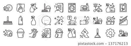 Cleaning line icons. Settings gear, Message, Inflation icons. Laundry, Window sponge and Vacuum cleaner icons. Washing machine, Housekeeping service and Maid cleaner equipment. Vector 137176213