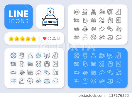 Balloon dart, Fitness and Online accounting line icons for web app. Message, Share, Like social media icons. Pack of Teamwork question, Bitcoin project, Chat message pictogram icons. Vector 137176233