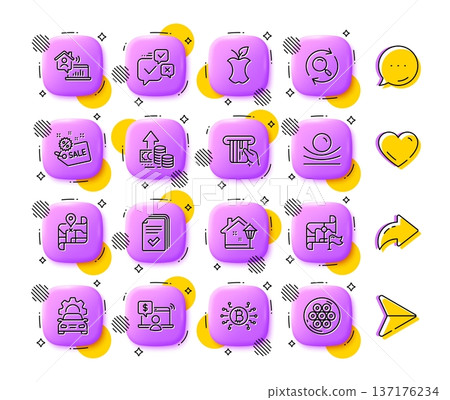 Destination flag, Bitcoin system and Sale line icons. App 3d buttons. Social media comment, share, like icons. Pack of Search, Work home, Handout icon. Vector 137176234
