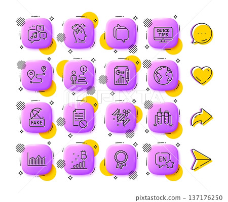 Web tutorials, World planet and Messenger line icons. App 3d buttons. Social media comment, share, like icons. Pack of Journey, Fake news, Stress icon. Vector 137176250