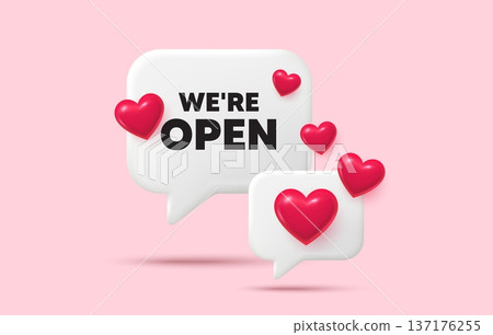 Open chat speech bubble. Social media concept. We are open tag. Promotion new business sign. Welcome advertising symbol. 3d hearts chat bubble. Vector Open chat speech bubble. Social media concept. We are open tag. Promotion new business sign. Welcome advertising symbol. 3d hearts chat bubble. Vector 137176255