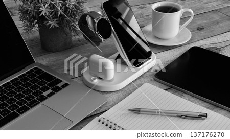 Monochrome business items digital devices Monochrome business items digital devices 137176270
