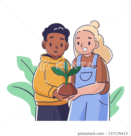 Kids Planting Seedling Cartoon 137176413