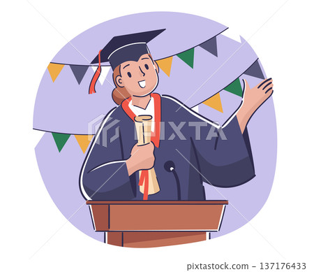 Graduate Holding Diploma At Podium Cartoon 137176433