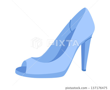 Peep toe pump women blue heel flat shoe. Open toe fashion dress footwear for party, wedding, summer vacation. Technical  137176475