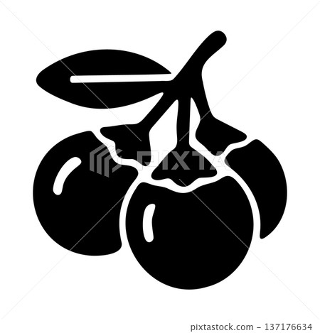 Black silhouette of a small cluster of red berries on a branch with leaves, vector art 137176634