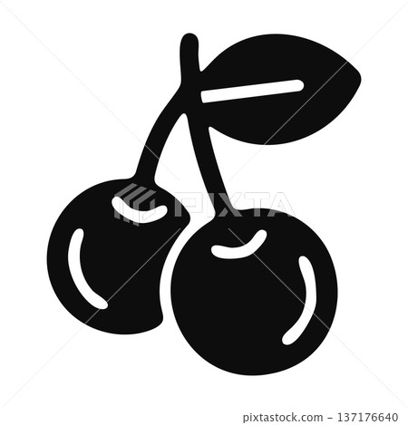Simple black and white cherry icon with two berries and a leaf Simple black and white cherry icon with two berries and a leaf 137176640