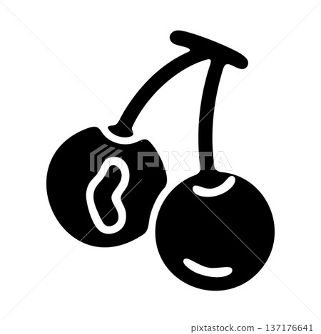 Stylized black icon of a cut cherry with a pit and a whole cherry Stylized black icon of a cut cherry with a pit and a whole cherry 137176641