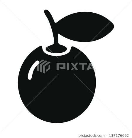 Black silhouette icon of a cherry with stem and leaf on white background 137176662