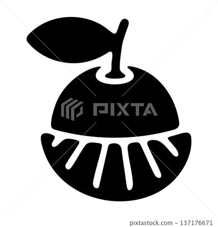 Black silhouette of a round fruit with a leafy crown on white background, icon Black silhouette of a round fruit with a leafy crown on white background, icon 137176671