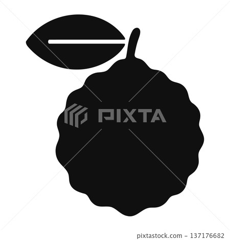 Black silhouette of a stylized quince fruit with leaf on white background, simple vector icon. Black silhouette of a stylized quince fruit with leaf on white background, simple vector icon. 137176682