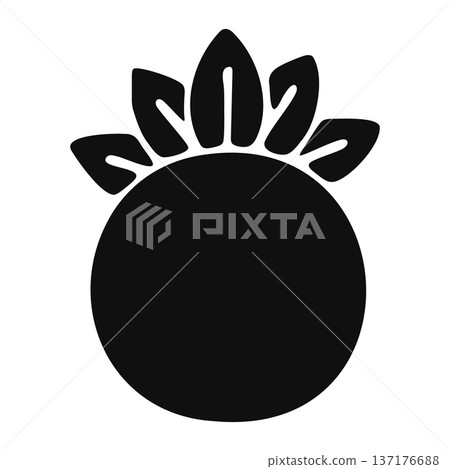Black silhouette of a round fruit, possibly a blueberry or small berry, with petal-like leaves. Black silhouette of a round fruit, possibly a blueberry or small berry, with petal-like leaves. 137176688