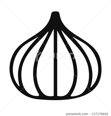 Black silhouette of a stylized garlic bulb icon with segmented cloves, simple vector graphic. Black silhouette of a stylized garlic bulb icon with segmented cloves, simple vector graphic. 137176692