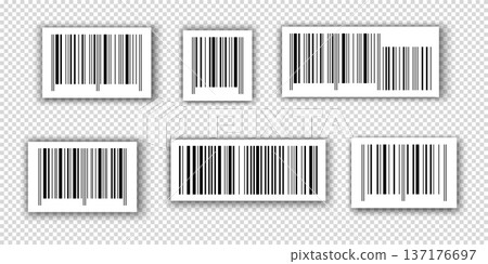 Set of empty barcode stickers with shadows isolated on transparent background. Bar code label templates. Visual data digital representation with product information. Vector graphic illustration Set of empty barcode stickers with shadows isolated on transparent background. Bar code label templates. Visual data digital representation with product information. Vector graphic illustration 137176697