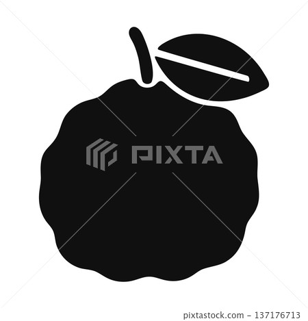 Black silhouette icon of a bumpy guava fruit with a stem and a single leaf Black silhouette icon of a bumpy guava fruit with a stem and a single leaf 137176713