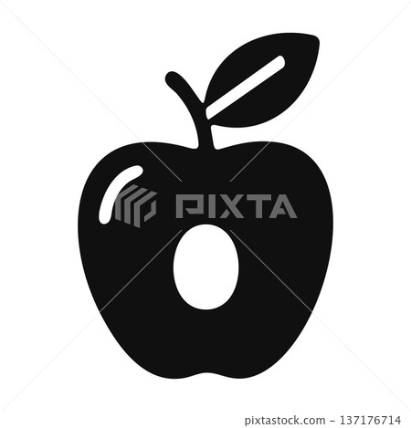 Simple black icon of an apple with a bite mark and a stem with a leaf Simple black icon of an apple with a bite mark and a stem with a leaf 137176714