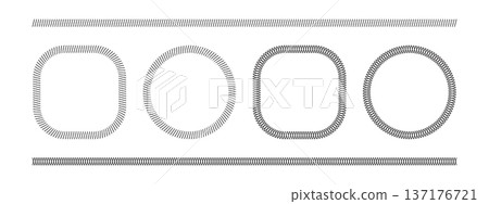 Set of dividers and round frames with slash and crossed lines borders. Slanted stitches and crosses embroidery ornaments. Simple sewing overlock fabric prints. Vector graphic illustration Set of dividers and round frames with slash and crossed lines borders. Slanted stitches and crosses embroidery ornaments. Simple sewing overlock fabric prints. Vector graphic illustration 137176721