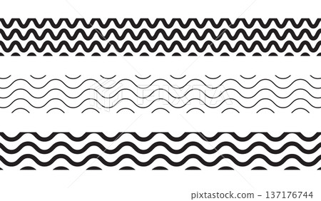 Collection of horizontal borders with wavy pattern isolated on white background. Tapes or ribbons with water print. Decorative elements with simple undulated ornament. Vector graphic illustration Collection of horizontal borders with wavy pattern isolated on white background. Tapes or ribbons with water print. Decorative elements with simple undulated ornament. Vector graphic illustration 137176744