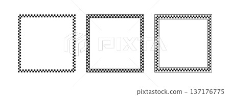 Set of square frames with checkered black and white print isolated on white background. Quadrangular vignettes with chess board, race flag, taxi or police pattern. Vector graphic illistration 137176775
