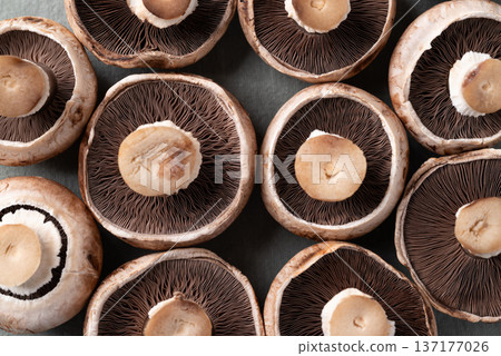 Top view of fresh crimini mushroom or baby bella mushroom background Top view of fresh crimini mushroom or baby bella mushroom background 137177026