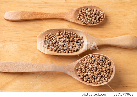 Coriander seeds in a wooden spoon on a wooden background, Top view of Thai food ingredients Coriander seeds in a wooden spoon on a wooden background, Top view of Thai food ingredients 137177065