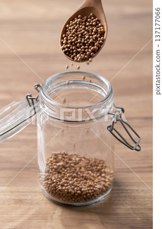 Coriander seeds in a wooden spoon and pouring in a glass jar on a wooden background Coriander seeds in a wooden spoon and pouring in a glass jar on a wooden background 137177066