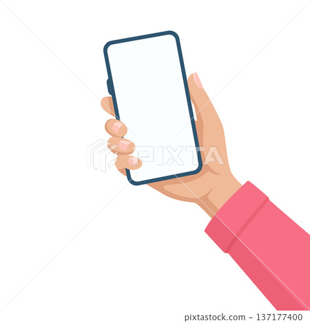 Hand Holding Smartphone with Blank Screen, Vector Illustration. Mobile Phone, Touchscreen Device in Female Hand. Social Media and Communication Concept, Vector Illustration 137177400