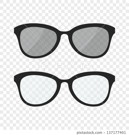 Black Glasses and Sunglasses. Stylish Eyewear, Transparent Lens and Dark Shades. Modern Fashion Accessory for Optics, Vision Correction, Summer Design Concept 137177401
