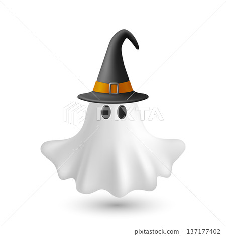 Vector 3d White Ghost with Witch Hat, Isolated. Cute Simple White Ghost Vector Illustration. Halloween Ghost Character with Black Wizard Hat and Floating Sheet. Design Template for Halloween Vector 3d White Ghost with Witch Hat, Isolated. Cute Simple White Ghost Vector Illustration. Halloween Ghost Character with Black Wizard Hat and Floating Sheet. Design Template for Halloween 137177402