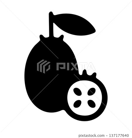 Simple black silhouette of a feijoa fruit with leaf and slice 137177640