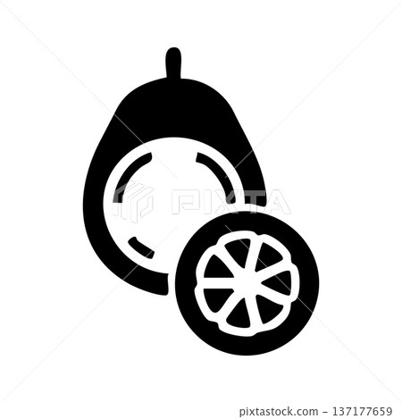 Black and white icon of a halved guava with seeds and a slice, stylized tropical fruit graphic Black and white icon of a halved guava with seeds and a slice, stylized tropical fruit graphic 137177659