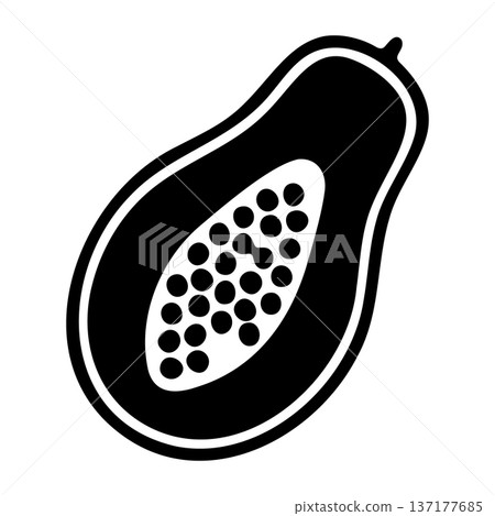 Stylized black icon of a halved papaya with seeds, isolated on white. 137177685