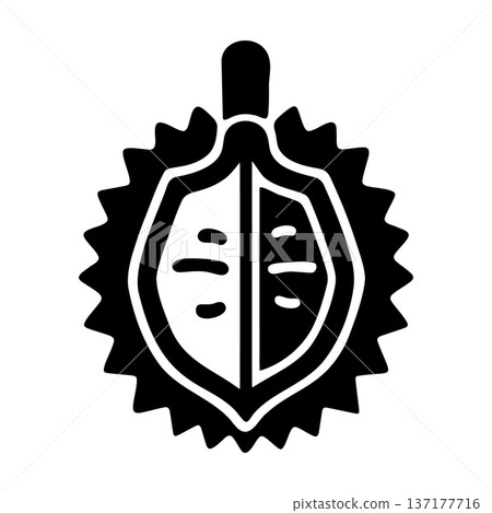 Halved Durian Fruit Icon, Showing Inner Segments, Black Vector Graphic Halved Durian Fruit Icon, Showing Inner Segments, Black Vector Graphic 137177716