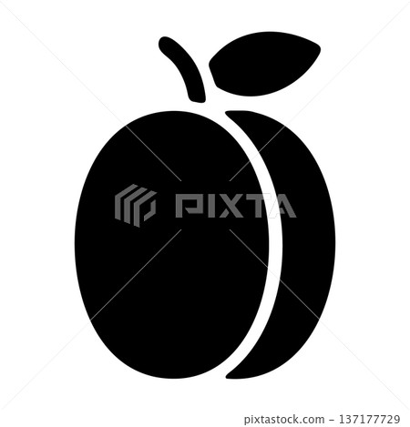 Simple Black Peach or Apricot Fruit Icon with Leaf for Summer Food Simple Black Peach or Apricot Fruit Icon with Leaf for Summer Food 137177729