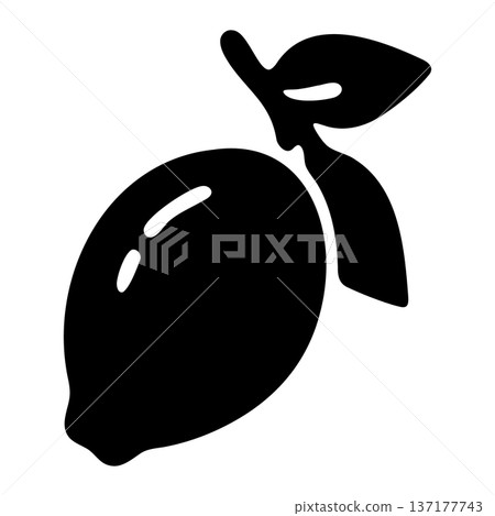 Black silhouette of a lemon with two leaves and light highlights, isolated. 137177743