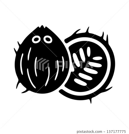 Rambutan Fruit and a Halved Piece Black and White Glyph Icon 137177775