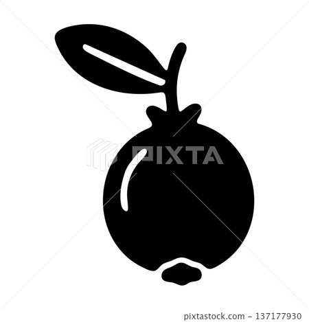 Single Berry with Stem and Leaf Icon - Essential Fruit Glyph Vector 137177930