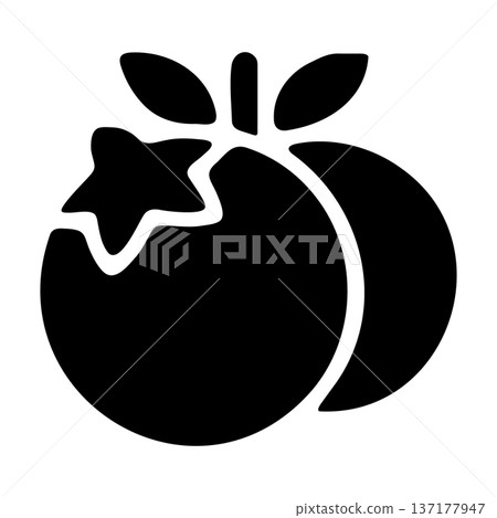 Black Glyph Icon of a Stylized Apple or Tomato with a Star Calyx and a Smaller Fruit 137177947