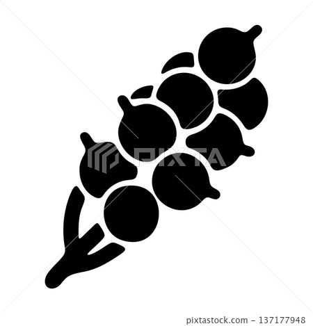 Black Glyph Icon of an Elongated Cluster of Small Tear-Drop Shaped Fruits or Grapes 137177948