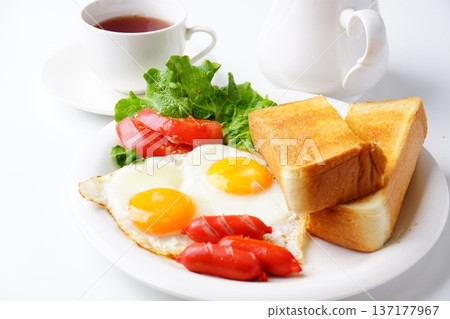Breakfast: toast and fried eggs Breakfast: toast and fried eggs 137177967