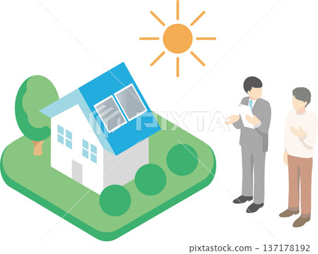 一家人和一名男性工作人員正在考慮建造太陽能房屋。太陽能發電、ZEH、房地產、等距圖 一家人和一名男性工作人員正在考慮建造太陽能房屋。太陽能發電、ZEH、房地產、等距圖 137178192