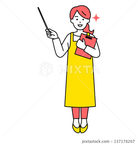 一位身穿圍裙的女士正用指示棒進行講解（全身照） 137178207