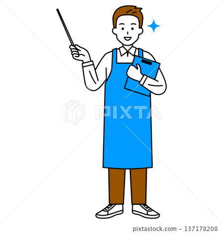 A man in an apron explaining with a pointer (full body) A man in an apron explaining with a pointer (full body) 137178208