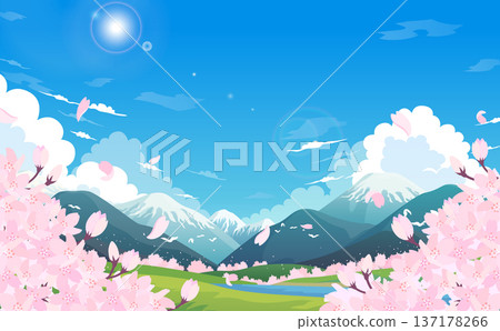Illustration of snow-capped mountains, rows of cherry trees, and cherry blossoms in full bloom_horizontal 137178266
