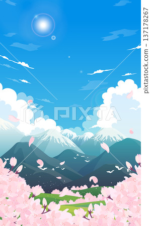 白雪皚皚的山峰、成排的櫻花樹以及盛開的櫻花(豎版) 白雪皚皚的山峰、成排的櫻花樹以及盛開的櫻花(豎版) 137178267